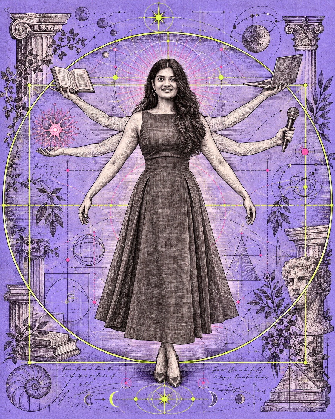 An engraved illustration of Aish, with multiple arms holding a book, laptop, microphone and neuron, inside a geometric circle and square.